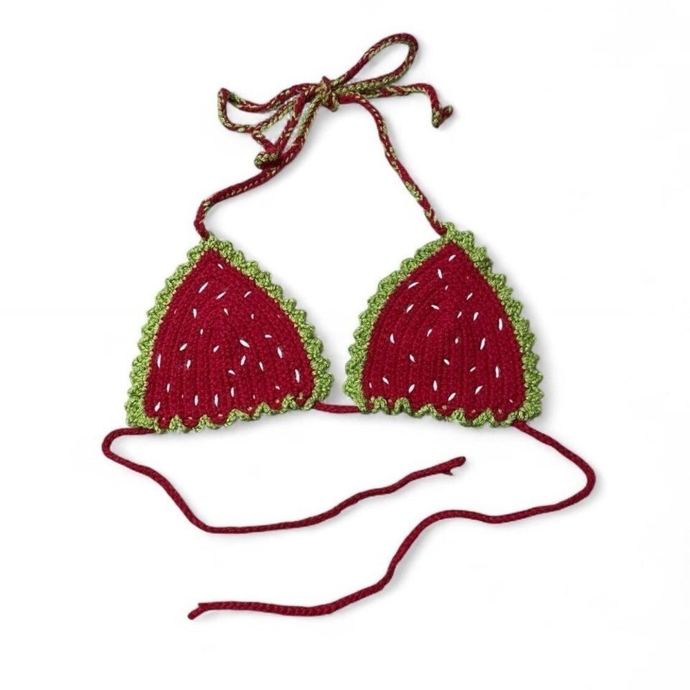 strawberry string bikini-style top with adjustable ties